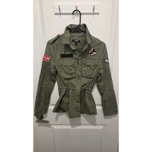 Vintage Jennyfer 100% Cotton Green Button Up Military Jacket Embroider Sz Small